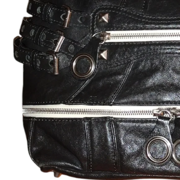 Rare Y2K XL Y2K Betsey Johnson Black Leather Studded "Strap Tease" Shoul… - Picture 10 of 15